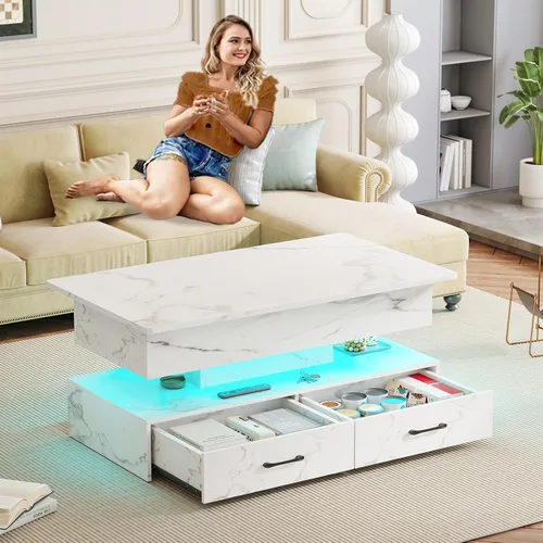 Miniatura 9 de SEDETA Mesa de centro elevable de 40 pulgadas, mesas de centro con almacenamiento para sala de estar, mesa de centro pequeña con 2 cajones y luz LED