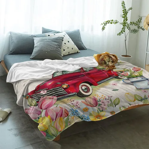 Miniatura 2 de Manta de Pascua de camión rojo, tulipán, manta suave y cálida, manta de franela de flores y mariposas para sofá, cama, manta para el Día