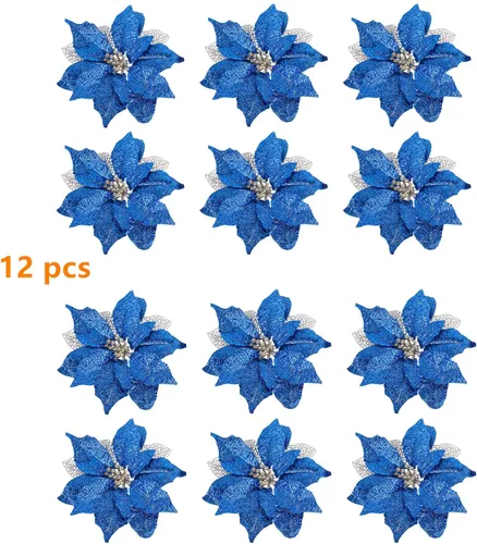 Miniatura 2 de Adornos para árbol de Navidad de flor de pascua azul real con purpurina grande de 9 pulgadas, decoración de flores artificiales para boda, paquete