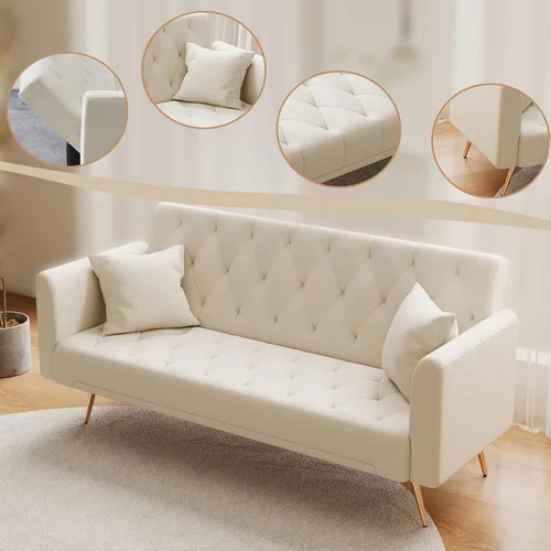 Miniatura 6 de Anwick - Sofá cama futón de terciopelo moderno con 2 almohadas, sofá cama convertible 2 en 1, sofá biplaza reclinable plegable con patas de metal