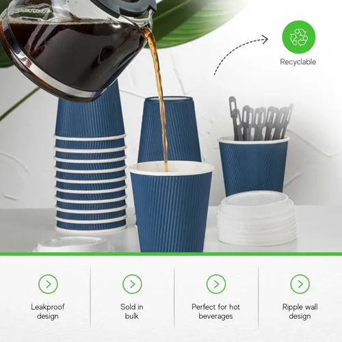 Miniatura 6 de Restaurantware -Tazas de café desechables de 12 onzas, 500 tazas calientes de pared ondulada para café - Las tapas se venden por separado, borde Azul