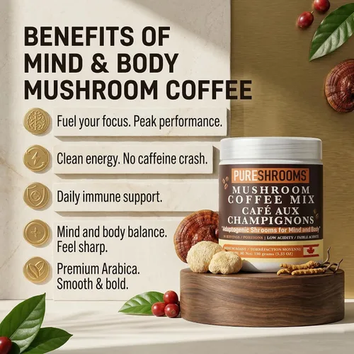 Miniatura 3 de PureShrooms Café instantáneo de hongos con melena de león orgánica, reishi y cordyceps Arábica colombiana liofilizada 600 mg de extractos