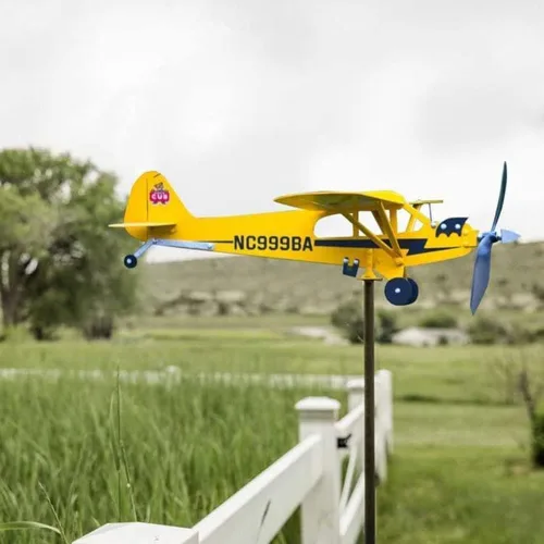 Miniatura 4 de Veleta de avión Piper J3 Cub hecha a mano para patio, avión, molino de viento de metal, escultura al aire libre, modelo de avión (grande)