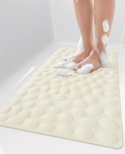 Bligli Tapete para bañera antideslizante, estándar de 16 x 31.5 pulgadas, con ventosas fuertes, goma suave, antideslizante, lavable a máquina, Beige