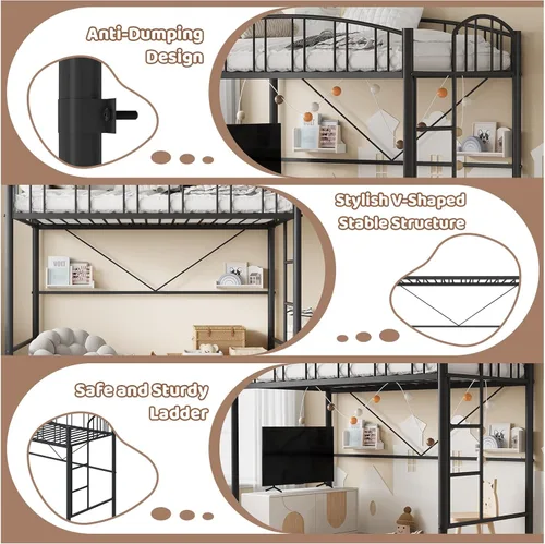 Miniatura 3 de IDEALHOUSE Cama alta tamaño individual con escalera y barandilla de arco alto, listones de metal resistentes, diseño que ahorra espacio