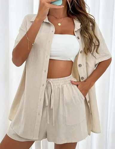 Miniatura 2 de QIBABU Conjunto de 2 piezas de pantalones cortos de lino para mujer, camiseta de manga corta y pantalones cortos, conjunto deportivo para vacaciones