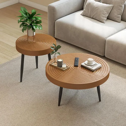 Juego de 2 mesas auxiliares anidadas, mesa de centro redonda de MDF de grano de árbol con patas de metal, modernas mesas auxiliares apilables para