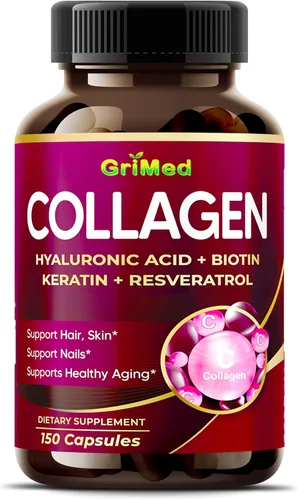 GriMed Cápsulas de colágeno orgánico con ácido hialurónico, biotina, queratina y resveratrol, suplemento para uñas de piel y cabello, 150 unidades