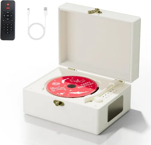 Yintiny Reproductor de CD de cuero recargable con altavoces, transmisor Bluetooth, regalo de festival, reproductor BGM para decoración del hogar,