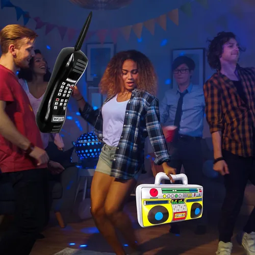Miniatura 6 de Juego de 8 juguetes inflables de guitarra inflable para teléfono móvil retro Boombox, accesorios inflables para decoraciones de fiesta de los años