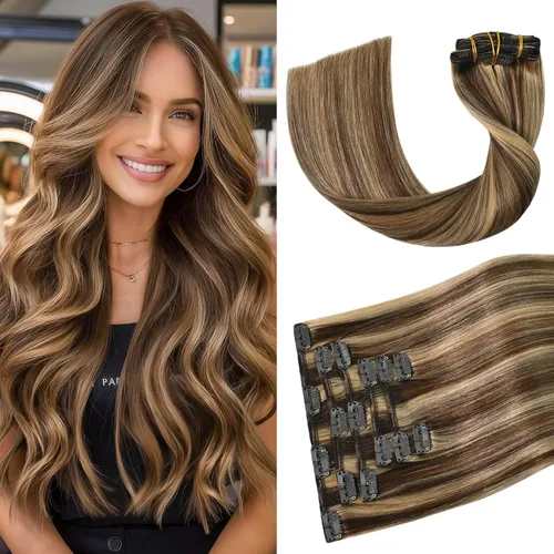 Miniatura 10 de Aison Extensiones de cabello humano real con clip, color marrón oscuro, 2.47 onzas, cabello humano Remy, 12 pulgadas, para mujeres, 7 unidades, 16