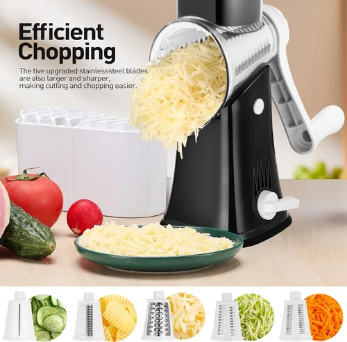 Miniatura 3 de APSARAS USA - Rallador de queso con manivela de mano, rallador giratorio 5 en 1, triturador de queso, cuchillas de acero inoxidable reemplazables