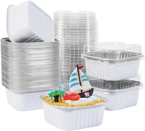Miniatura 17 de 50 Pcs Mini Square Baking Cups with Lids,5oz Aluminum Foil Mini Cake Pans with Lids,Disposable Ramekins Cake Pans,150ml Dessert Cups Cupcake Pans