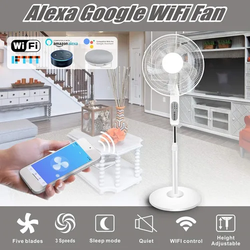Miniatura 3 de Technical Pro Ventilador de pedestal oscilante inteligente, 3 velocidades portátil de 16 pulgadas, ventilador de pie habilitado para WIFI, altura