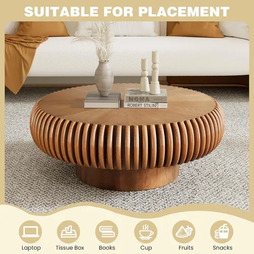 Miniatura 5 de Mesa de centro redonda acanalada de 31.5 pulgadas, moderna mesa de centro de madera para sala de estar, mesa central de alivio hecha a mano