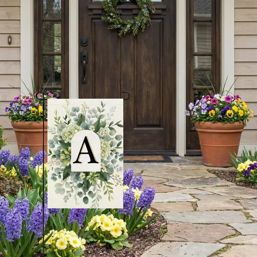 Miniatura 4 de CROWNED BEAUTY Bandera de jardín con monograma, letra inicial A de 12 x 18 pulgadas, doble cara para Outsdie, pequeña flor de primavera, apellido