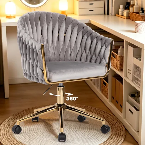 Miniatura 8 de Silla de Oficina de Terciopelo con Respaldo Tejido a Mano, Sillas de Escritorio de Tocador con Ruedas Doradas, Silla de Escritorio Giratoria