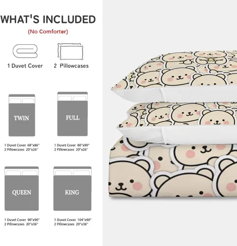 Miniatura 8 de Cute Bear Duvet Cover Set Twin, 3 Pieces Soft Neutral Bedding Calming Cozy Comforter Cover Set Minimal Kawaii Bedroom Decor Microfiber for Relaxing
