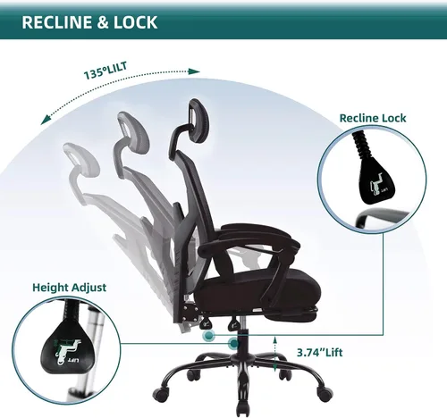 Miniatura 4 de Silla ergonómica de oficina, silla de escritorio de malla con respaldo alto para computadora con soporte lumbar y ruedas, silla giratoria ajustable