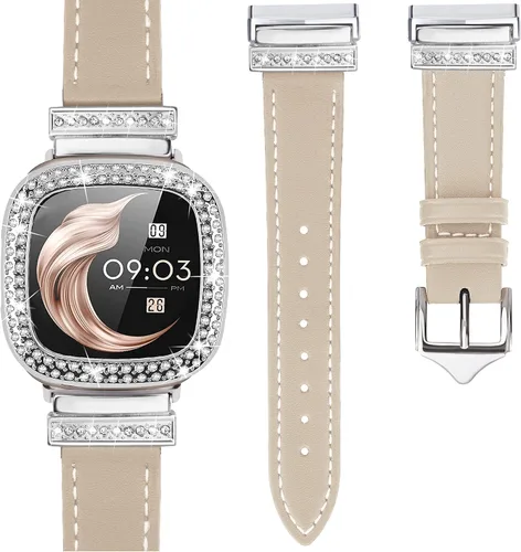 Miniatura 7 de Correa de cuero compatible con Fitbit Sense 2/Versa 4 para mujeres, elegante correa de cuero con hebilla metálica en forma de D con strass con funda