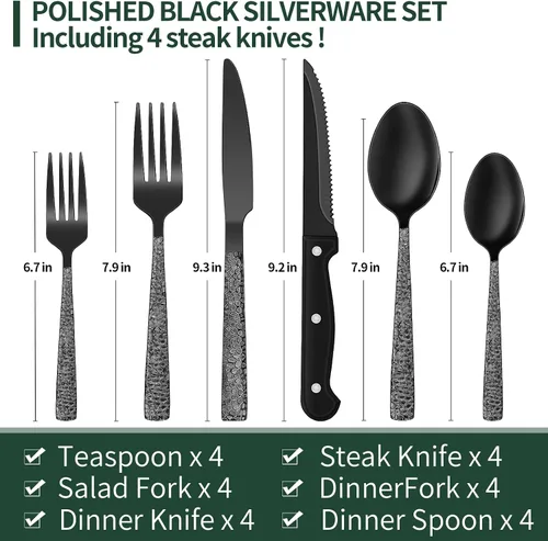 Miniatura 2 de EWFEN Juego de cubiertos negros de 24 piezas con cuchillos para carne, juego de cubiertos negros para 4, juego de cubiertos de acero inoxidable