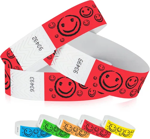 Miniatura 6 de 200 pulseras Tyvek de Wristco con cara sonriente amarilla para eventos, ¾ x 10 pulgadas, impermeables, reciclables, cómodas, resistentes a Amarillo