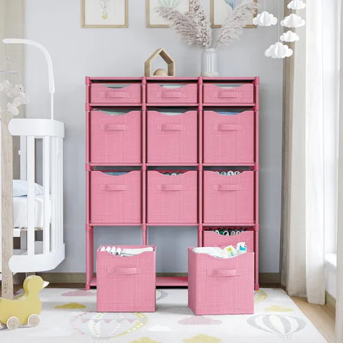Miniatura 6 de Armario organizador con 12 cubos de almacenamiento, cestas de fácil montaje, con cajones, para ropa, para habitación, habitación del bebé y Rosa