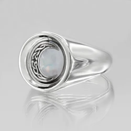 Miniatura 3 de Anillo de plata de ley con luna creciente celta con piedra lunar arcoíris (tallas 4-15)