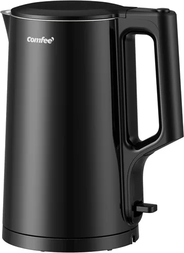 COMFEE' Hervidor eléctrico de té de 1.7L de doble pared y caldera de agua eléctrica, 100% acero inoxidable interior y tapa y caño, tapa de dos Pared