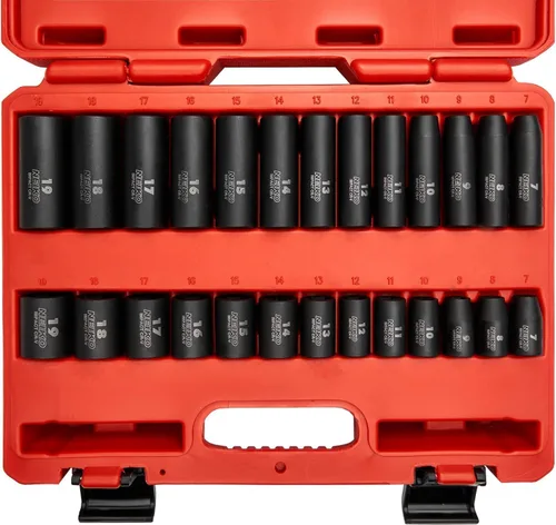 NEIKO 02433A juego de llaves de impacto estándar y profundo de 3/8" con sistema métrico | 26 piezas | métrico 7mm a 19mm | Acero Cr-V premium |
