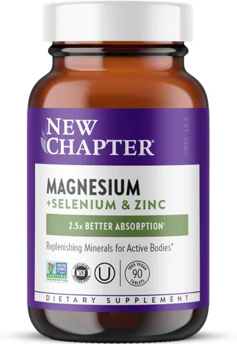 Suplemento de magnesio-selenio-zinc de New Chapter, 325 mg de magnesio en una tableta diaria para cuerpos activos, recupera tu energía después del