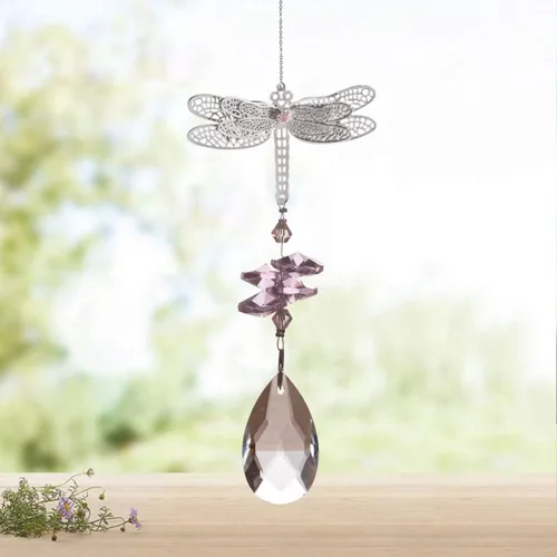Miniatura 10 de WEISIPU Prisma atrapasoles de cristal – Atrapasoles de libélula para ventanas colgantes de arco iris, adorno de libélula de metal de cristal K9