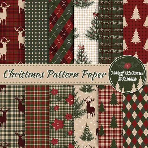 Whaline 24 hojas de papel con patrón de Navidad, papel de cuadros para bosque, papel especial para álbum de recortes, doble cara, para manualidades