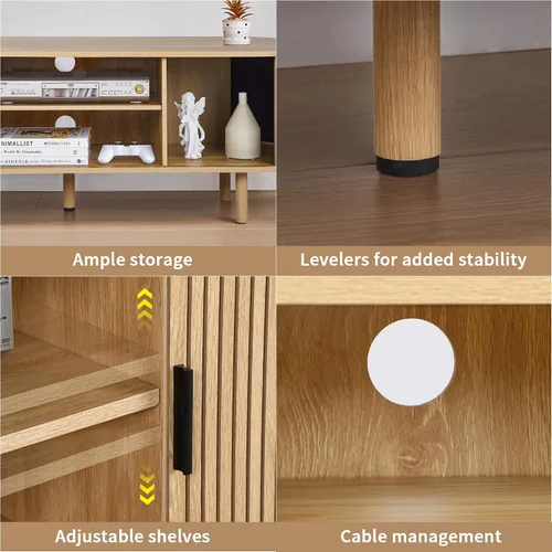 Miniatura 7 de Janmer Home Soporte de TV acanalado de 54 pulgadas con almacenamiento, consola de TV moderna de mediados de siglo con puertas correderas Tambour