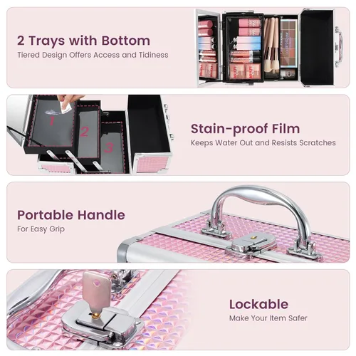 Miniatura 6 de Estuche de Tren de Maquillaje FRENESSA Caja de Maquillaje Organizador Portátil Estuche de Cosméticos para Viaje Estuche de Maquillaje con Espejo
