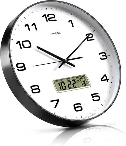 Miniatura 4 de TIMESS Reloj de pared, esfera de 12 pulgadas, sin tic-tac, silencioso, funciona con pilas, analógico con pantalla LCD para calendario perpetuo