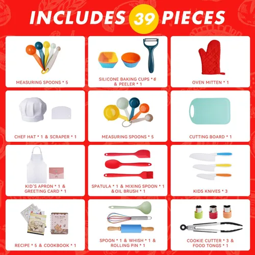 Miniatura 5 de Juego de cocina para niños, utensilios de cocina reales con guía de herramientas de cocina para niños con delantal de chef sombrero y accesorios