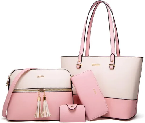 Juego de 4 bolsas modernos para mujer de cuero sintético: bolso tote, bolso de hombro, bolso de mano y cartera.