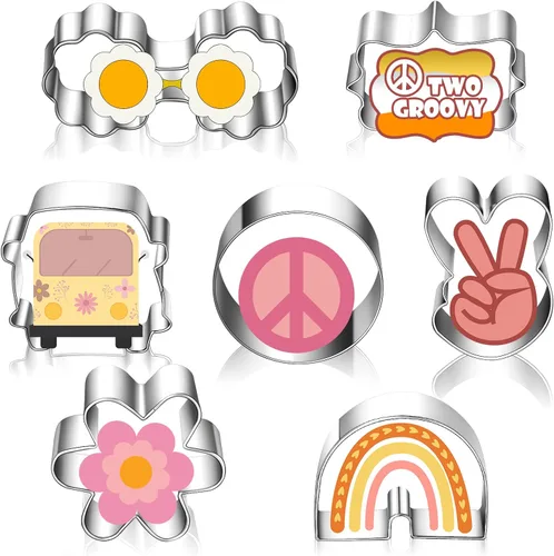 Juego de 7 mini cortadores de galletas Groovy, cortador de galletas hippie, moldes de galletas de acero inoxidable, cortador de galletas de acero