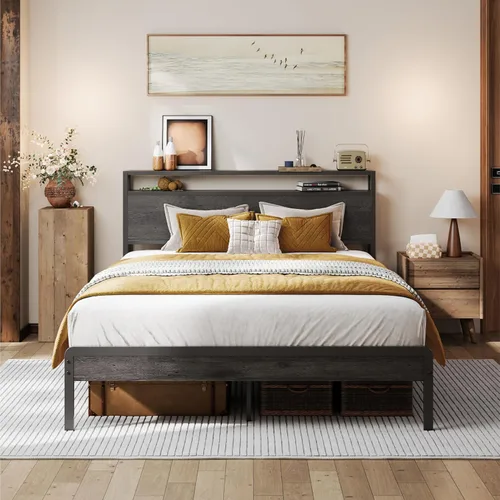 Miniatura 34 de LIKIMIO Marco de Cama King con Cabecero, Marco de Cama King de Madera Oscura con Soportes Fuertes, Resistente, Sin Ruido, No Necesita Somier, Nogal