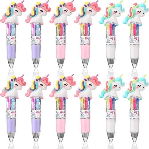 Chinco 12 bolígrafos retráctiles de unicornio 4 en 1, multicolor, unicornio, caramelo, recuerdos de fiesta, tinta de colores, recuerdos de fiesta