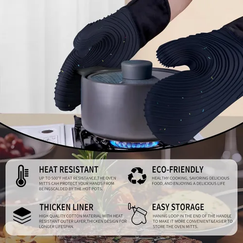 Miniatura 3 de Guantes de horno de silicona, guantes forrados de algodón, sin BPA, guantes largos de cocina y salvamanteles, juego de guantes de horno para Gris