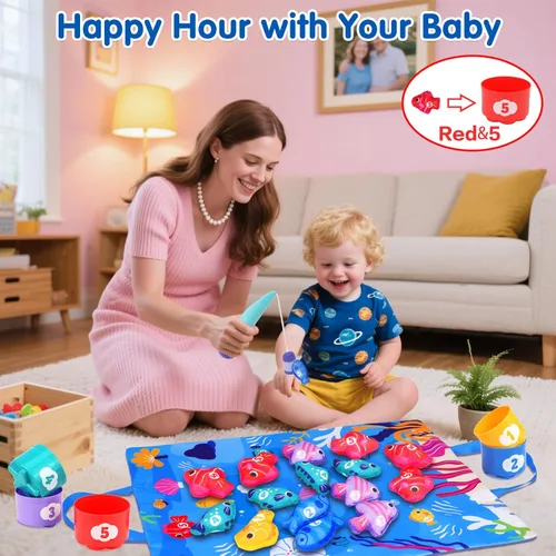 Miniatura 11 de Arovan Juguetes Montessori para niños de 1 año, juego de pesca de tela con tazas apilables, juguetes para niños de un año, regalo de primer