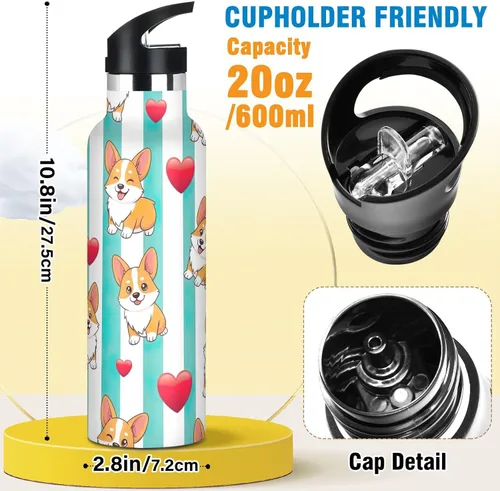 Miniatura 2 de Kids Water Bottle with Straw for School, Kids Stainless Steel Vacuum Insulated Water Bottle for Travel or School 20 Oz, BPA-Free, Cute Dogs Aqua