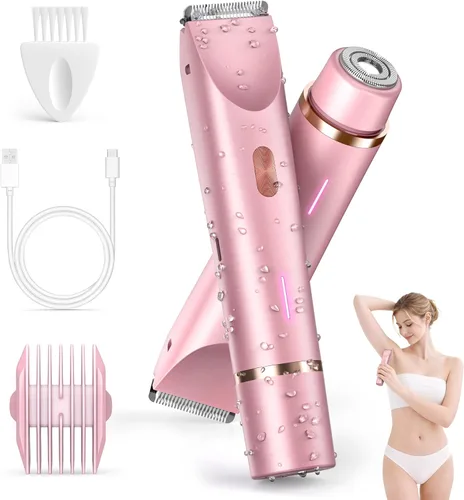Recortadora de bikini para mujer, maquinilla de afeitar eléctrica 2 en 1 con doble cabeza, IPX7 impermeable para cabello púbico, piernas, axilas y