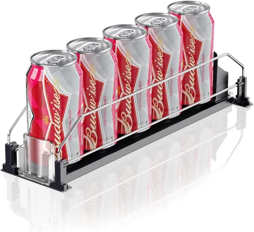 Miniatura 18 de Organizador de Bebidas para Refrigerador, 12oz 16oz 20oz - Dispensador de Latas de Refresco para Refrigerador, Ancho Ajustable, Deslizador Negro