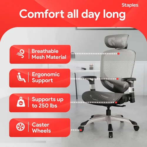 Miniatura 6 de STAPLES Silla de oficina ergonómica Hyken Silla de escritorio giratoria con soporte lumbar ajustable y malla transpirable, para oficina en casa