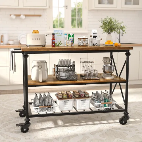 Miniatura 2 de Carrito de isla de cocina Homieasy con ruedas, mesa de isla de cocina rodante de 3 niveles de madera y metal con patas de tubo, estantes