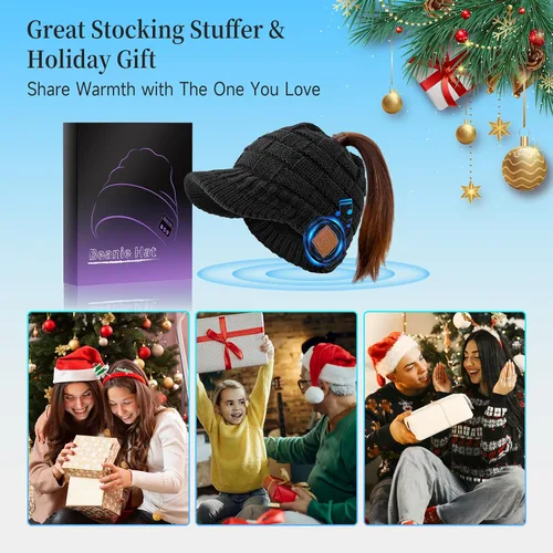 Miniatura 7 de Gorro Bluetooth para mujer con agujero para cola de caballo, gorro con auriculares integrado, micrófono integrado, regalos para mujer, W2-negro