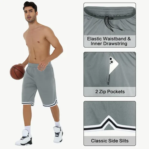 Miniatura 3 de JWM Pantalones cortos largos de baloncesto para hombre con bolsillos con cremallera, malla de 11 pulgadas, pantalones cortos deportivos de secado
